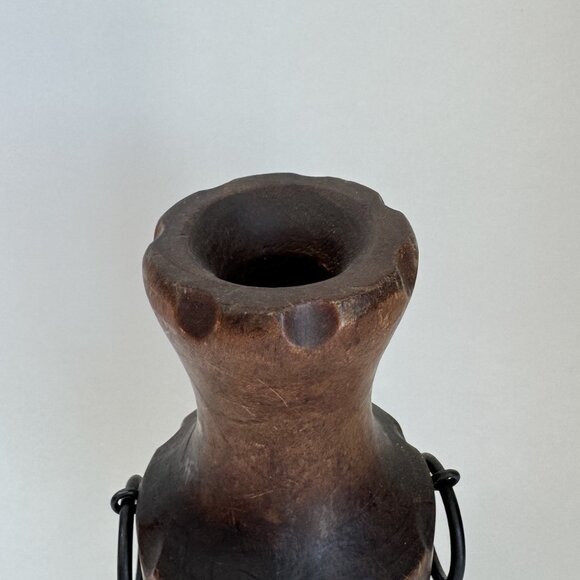 Vintage Carved Wood Vase Hand Turned Metal O Ring Handles Polynesian Tiki Style - Picture 4 of 9